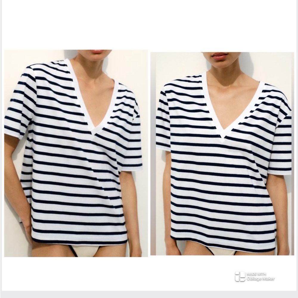 Zara Black and White Striped V Cut Cotton Slighty Cropped Tshirt size large